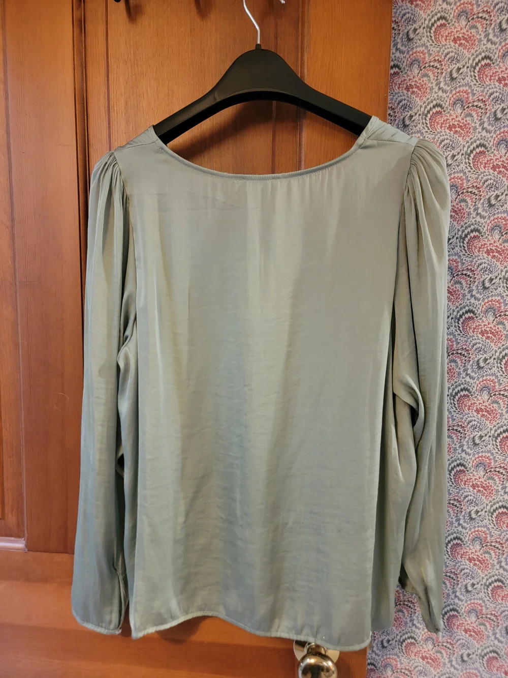 NWT Carmen Womens XL Sage Green Silky V-Neck Long Sleeve Blouse Top - Picture 2 of 16